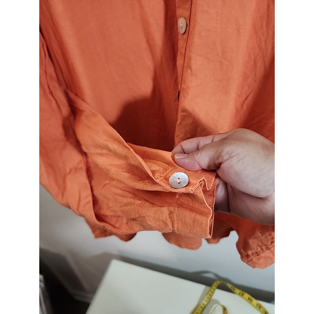 Flax Lagen Look Bright Orange Long Sleeve Button Down Shirt Size Medium - Picture 6 of 7